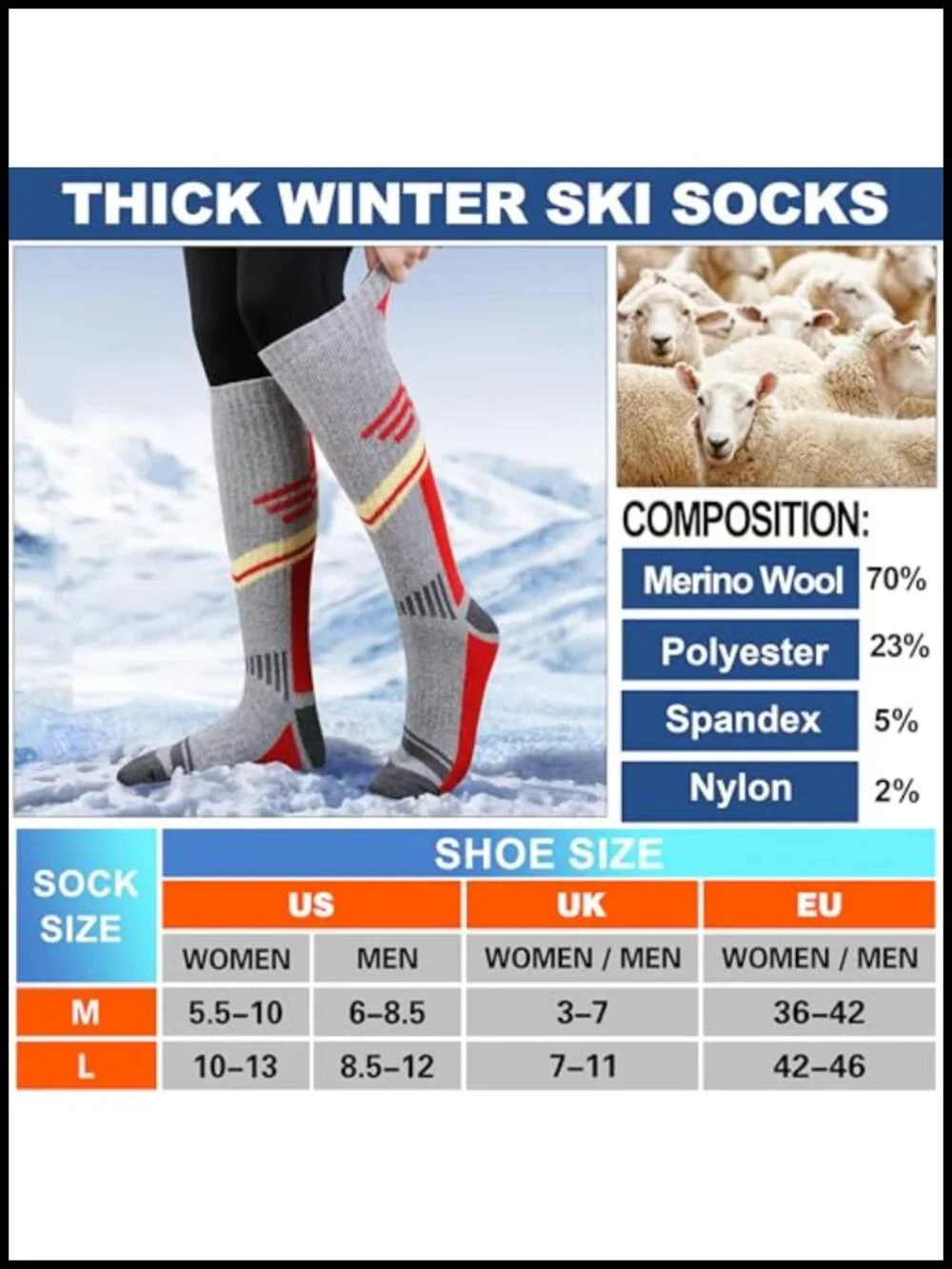 3 Pairs Merino Wool Ski Socks Thermal Winter Thick Knee High Snowboarding Socks